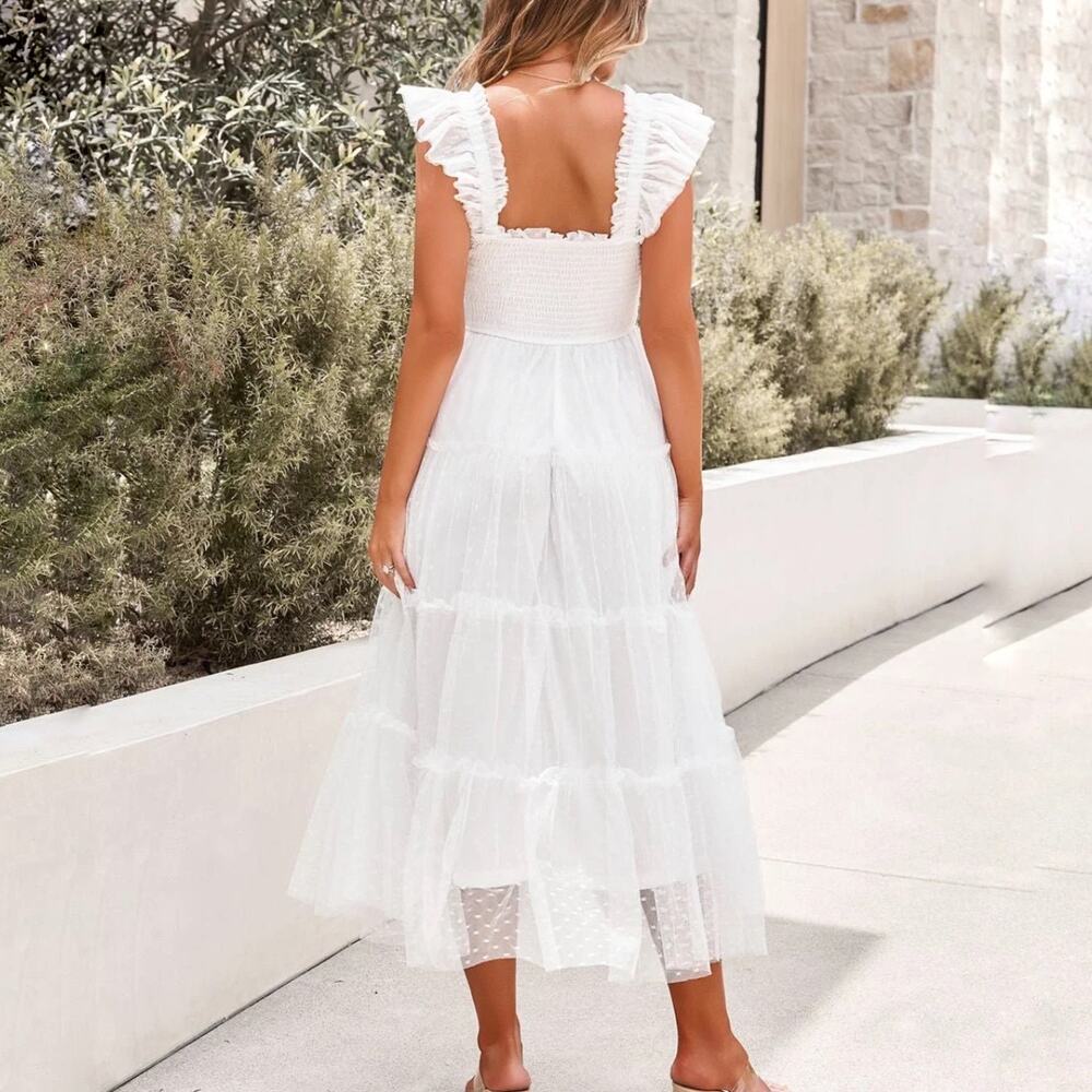 Blu Pepper White Swiss Dot Tulle Tiered Maxi Dress Sz S - Picture 10 of 11